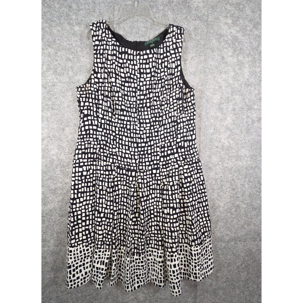 Lauren Ralph Lauren Sleeveless Fit & Flare Dress Size 16 Black White Preppy - Picture 2 of 9
